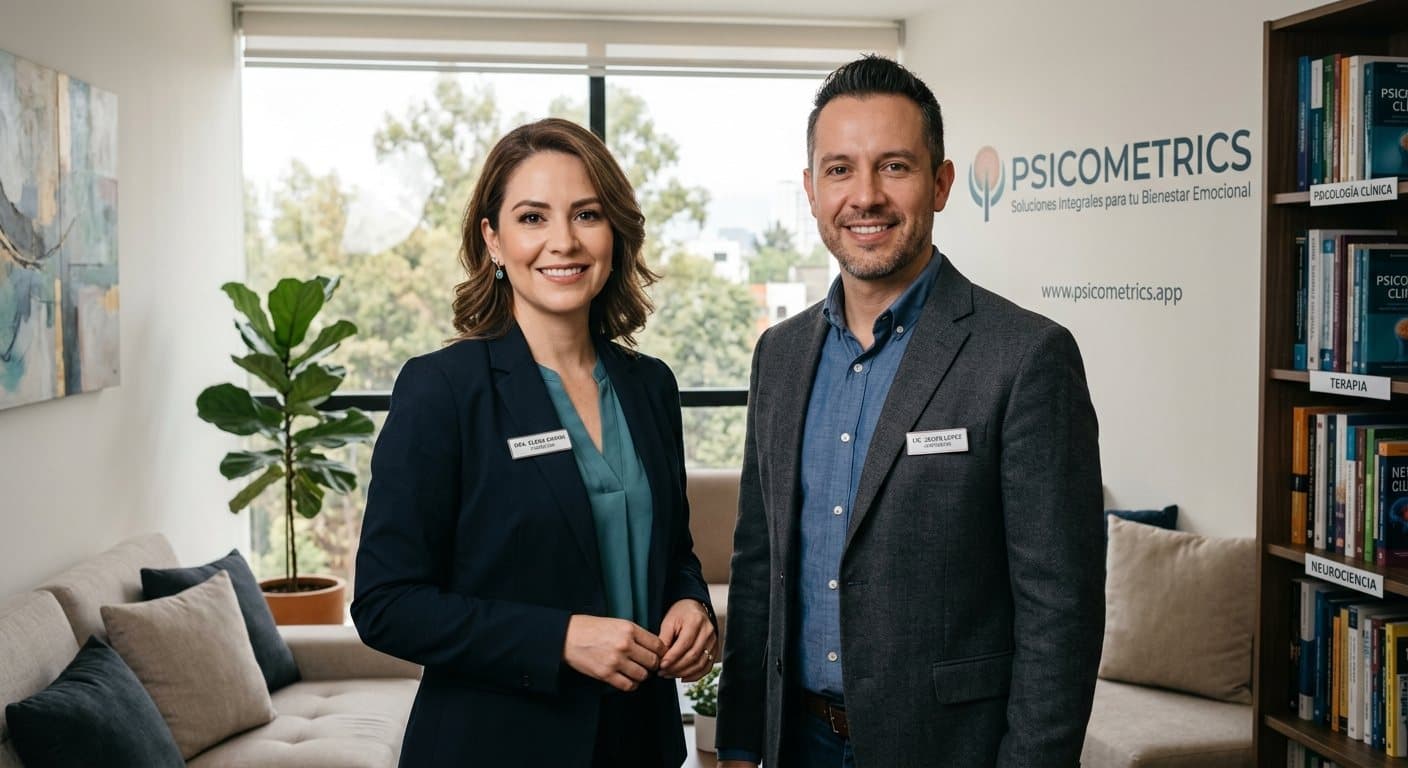 Dos profesionales de psicología en un consultorio con la marca PsicoMetrics en la pared